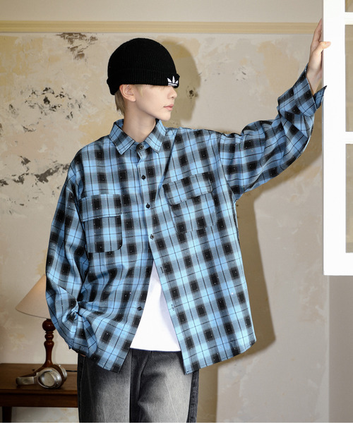 メンズ チェック柄シャツ ルーズシルエット 刺しゅう J00232 NEOS(KOKUYO) シャツ 「neos」ルーズシルエット ドット ライン