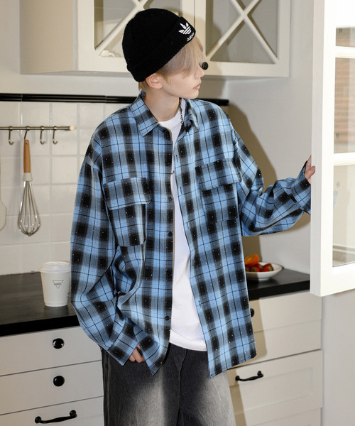 メンズ チェック柄シャツ ルーズシルエット 刺しゅう J00232 NEOS(KOKUYO) シャツ 「neos」ルーズシルエット ドット ライン