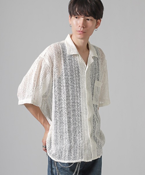 LUXSTYLE シャツ 透かし編みメッシュ開襟半袖シアーシャツ