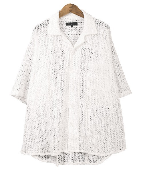 LUXSTYLE シャツ 透かし編みメッシュ開襟半袖シアーシャツ