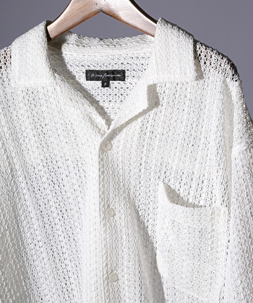 LUXSTYLE シャツ 透かし編みメッシュ開襟半袖シアーシャツ