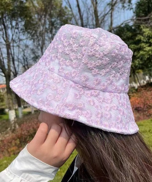 pyornim 帽子 ハット レースフラワー刺繍バケットハット