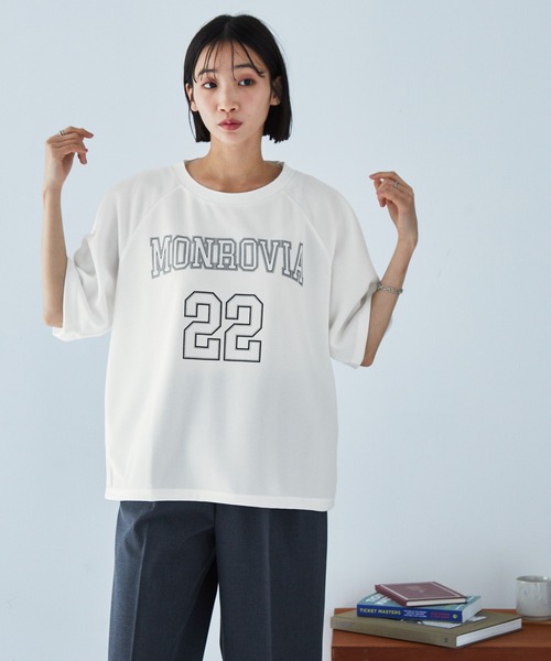 MONO-MART tシャツ ナンバリングプリントラグランメッシュ半袖