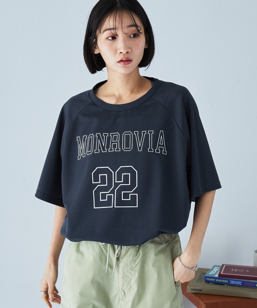 MONO-MART tシャツ ナンバリングプリントラグランメッシュ半袖