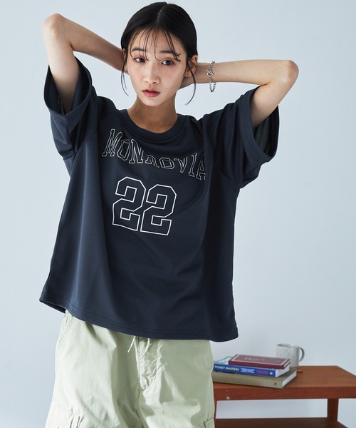 MONO-MART tシャツ ナンバリングプリントラグランメッシュ半袖