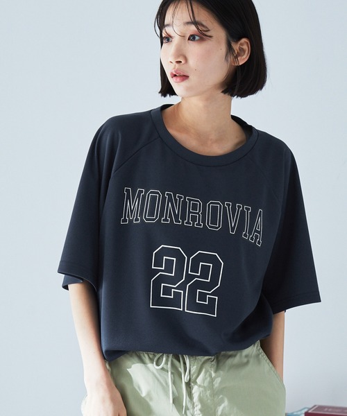 MONO-MART tシャツ ナンバリングプリントラグランメッシュ半袖