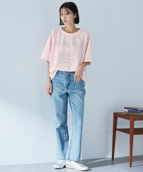 MONO-MART tシャツ ナンバリングプリントラグランメッシュ半袖