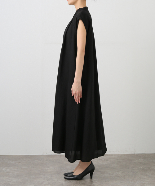 美品　TICCA ティッカ /フレンチスリーブ ロングシャツワンピース ブラック TICCA ワンピース 「洗える」TICCA/ティッカ フレンチスリーブ