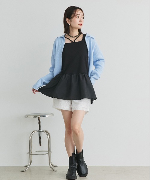 ギャザー入り 黒 タンクトップ ad thie（アドティエ） タンクトップ ノースリーブ 2wayネック