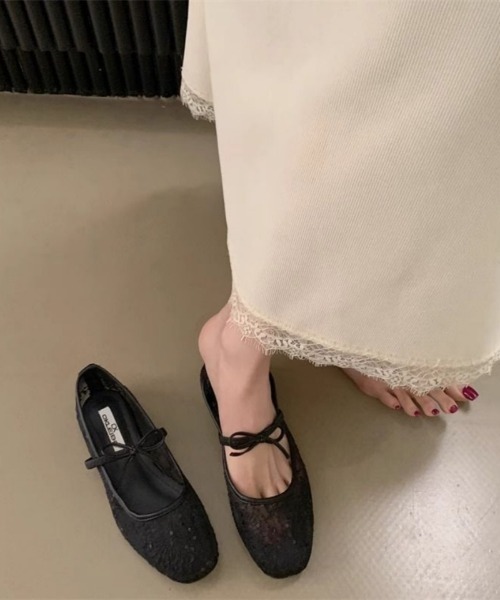 バレエシューズ パンプス メッシュレース刺繍 バレエフラットシューズ