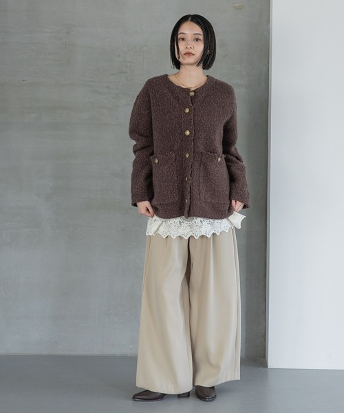 【アンゴラ】ロングカーディガン 美品！高級アンゴラ混 パール ビジュー ef-de エフデ アンゴラ混 ビジュー ロング カーディガン size9