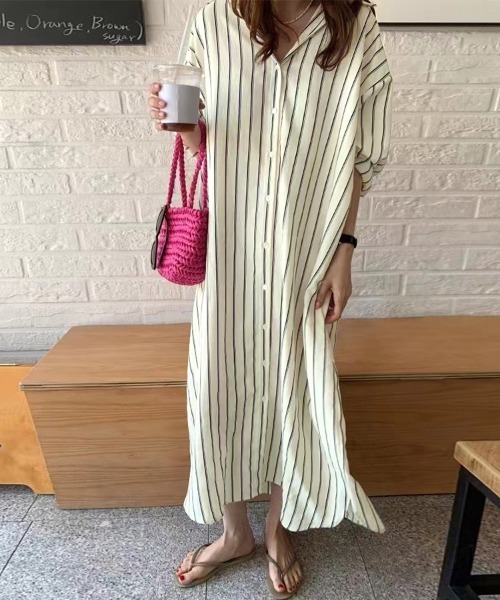 シャツワンピース ストライプ柄ロングシャツワンピース : ZOZOTOWN