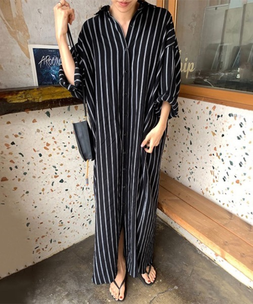 シャツワンピース ストライプ柄ロングシャツワンピース : ZOZOTOWN
