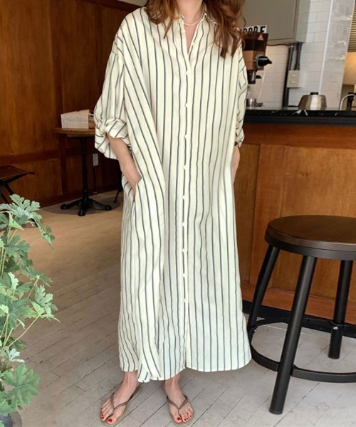 シャツワンピース ストライプ柄ロングシャツワンピース : ZOZOTOWN