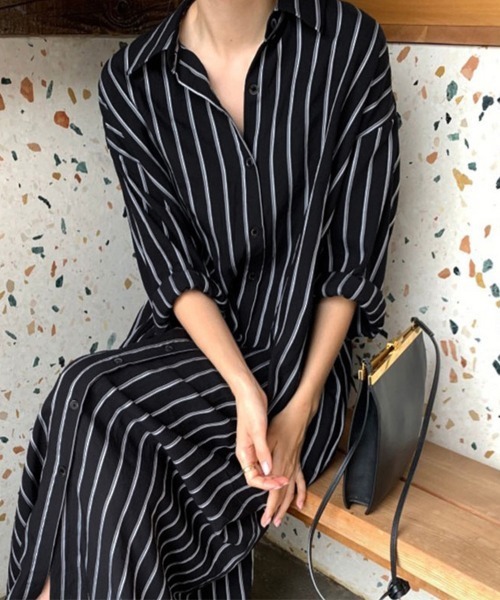 シャツワンピース ストライプ柄ロングシャツワンピース : ZOZOTOWN