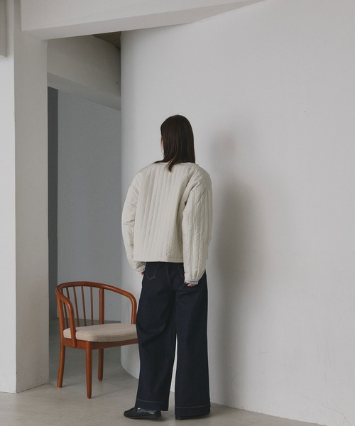 ノーカラージャケット ベージュ 赤 黒 ストライプ ad thie（アドティエ） ジャケット ノーカラージャケット ストライプ