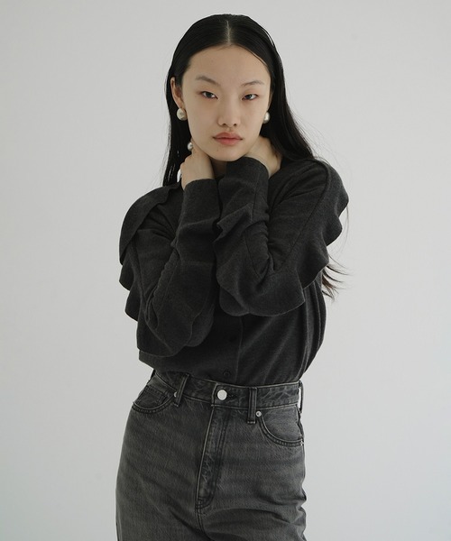 トップス CLANE W FACE FRILL KNIT CARDIGAN black CLANE（クラネ） カーディガン W FACE SHOULDER FRILL KNIT CARDIGAN