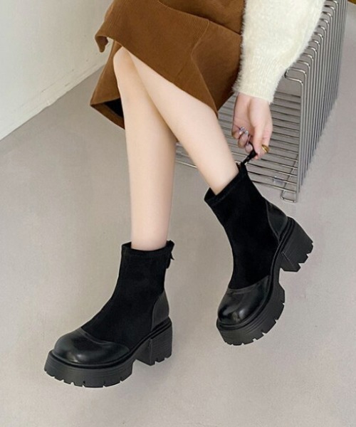 ブーツ チャンキーヒール ラグソール ショートブーツ レディース
