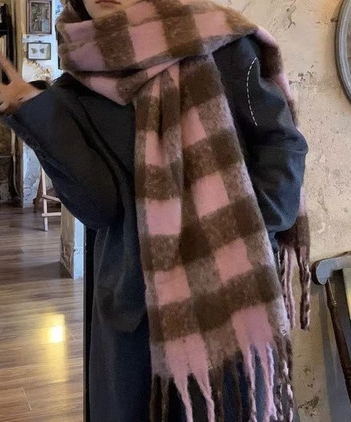 LACーVERT マフラー ストール チェック柄フリンジマフラー レディース