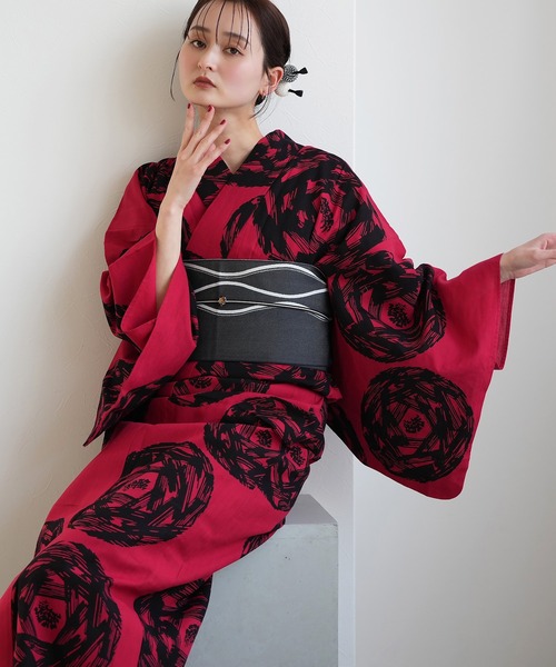 浴衣 手染め注染浴衣3点セット utatane×注染工房 赤に漆黒 緋輪 レディース