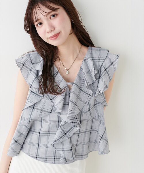 natural couture ブラウス シャツ 前後2WAYチェックラッフルブラウス