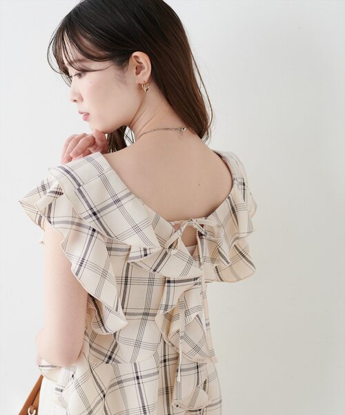 natural couture ブラウス シャツ 半袖 前後2WAYチェックラッフル