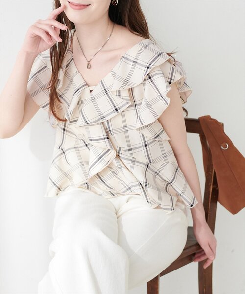 natural couture ブラウス シャツ 半袖 前後2WAYチェックラッフル