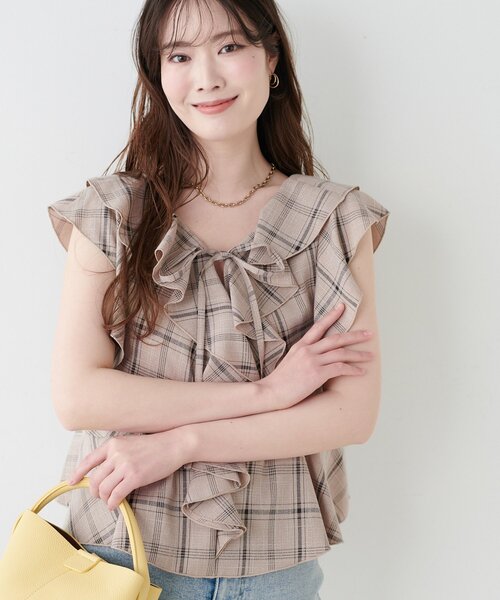 natural couture ブラウス シャツ 半袖 前後2WAYチェックラッフル