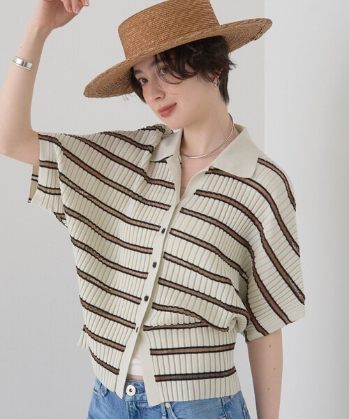 ニット セーター リブドルマンス襟付きニットカーディガン/プルオーバー/ストレッチ/夏服/サマーニット レディースの画像