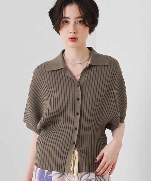 ニット セーター リブドルマンス襟付きニットカーディガン/プルオーバー/ストレッチ/夏服/サマーニット レディースの画像