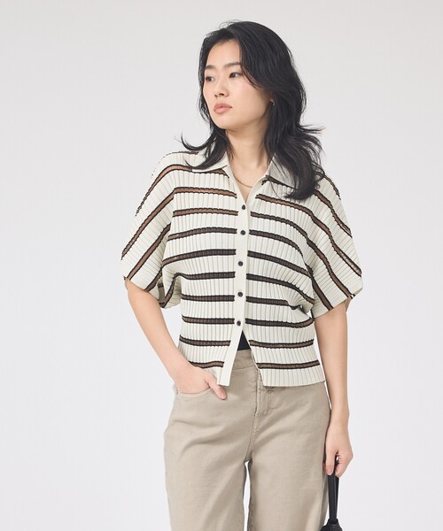 ニット セーター リブドルマンス襟付きニットカーディガン/プルオーバー/ストレッチ/夏服/サマーニット レディースの画像