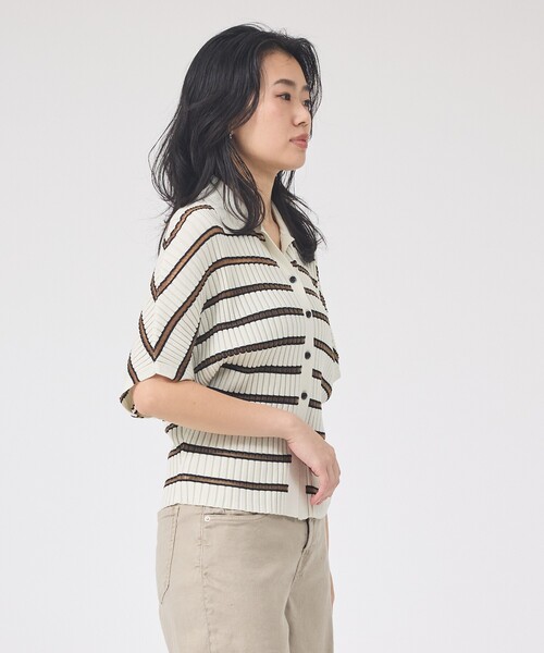 ニット セーター リブドルマンス襟付きニットカーディガン/プルオーバー/ストレッチ/夏服/サマーニット レディースの画像