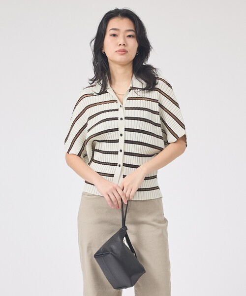 ニット セーター リブドルマンス襟付きニットカーディガン/プルオーバー/ストレッチ/夏服/サマーニット レディースの画像