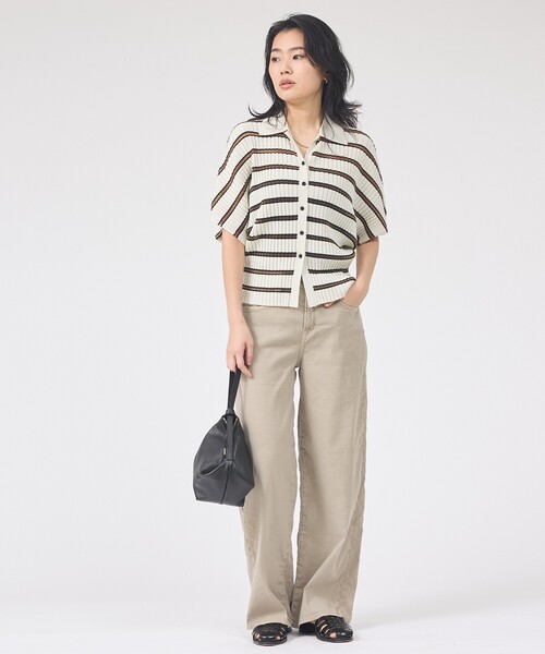 ニット セーター リブドルマンス襟付きニットカーディガン/プルオーバー/ストレッチ/夏服/サマーニット レディースの画像