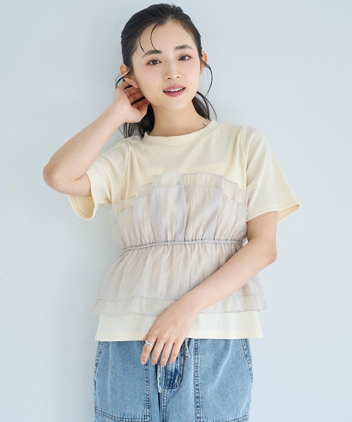001【新品タッグ付き】 メゾンドドルチェ フィオーレトップス 半袖 フリル袖 mil（ミル） tシャツ オーガンジー ビスチェ ドッキング トップス