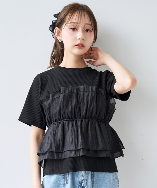 トップス Mil mil（ミル） tシャツ 半袖 オーガンジー ビスチェ ドッキング トップス