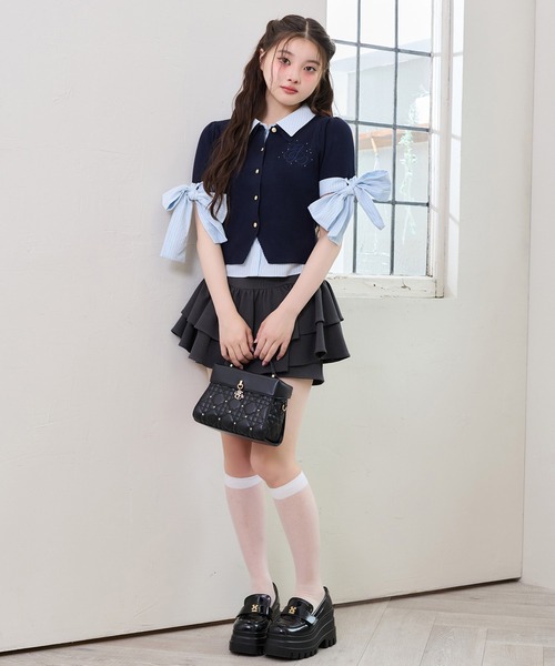 NICE CLAUP 袖リボンシャツドッキング刺繍入りニット ネイビー one after another NICE CLAUP ニット セーター 袖リボンシャツ