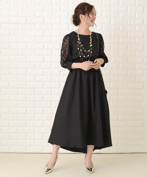 レース袖 ブラックロングドレス Lace Ladies ドレス レース袖ロング丈ワンピース・ドレス