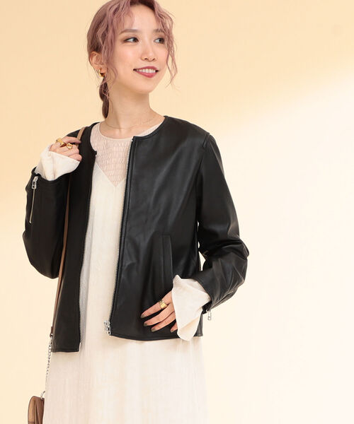 Ray BEAMS ラムレザー　ノーカラーブルゾン Ray BEAMS（レイビームス）の「Ray BEAMS / ラムレザー ノー