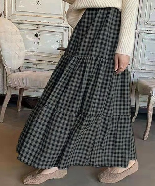 DAY CLOSET スカート 大人ギンガムチェックロングティアード