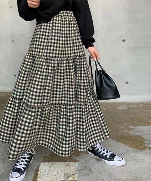 DAY CLOSET スカート 大人ギンガムチェックロングティアードスカート