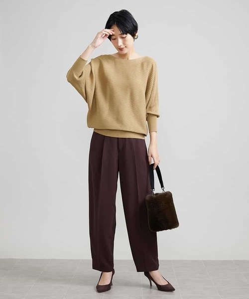 MICHELKLEIN ブラウン プリーツ ガウチョパンツ Lサイズ 春物冬物