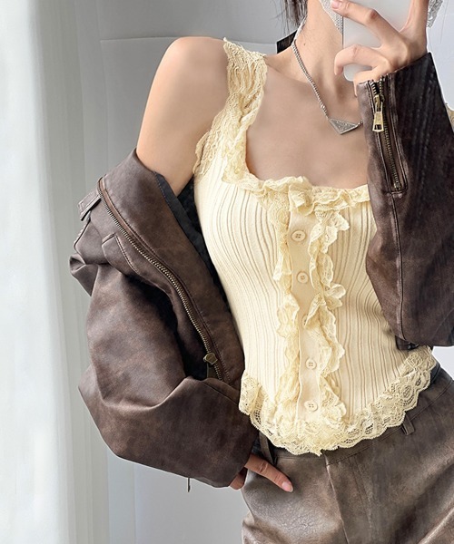 kalinka 手編み フリル ノースリーブ タンクトップ タンクトップ ノースリーブ フリルレースリブ編みタンクトップ