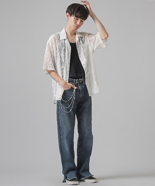 LUXSTYLE シャツ フラワーレース開襟半袖シアーシャツ メンズ