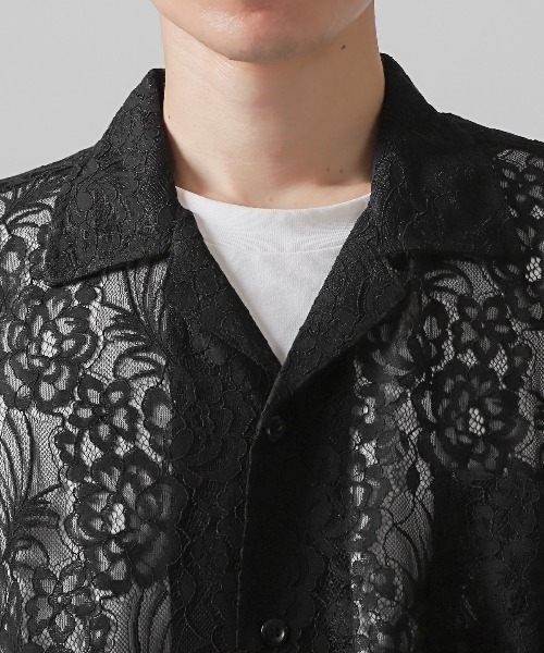 LUXSTYLE シャツ フラワーレース開襟半袖シアーシャツ メンズ