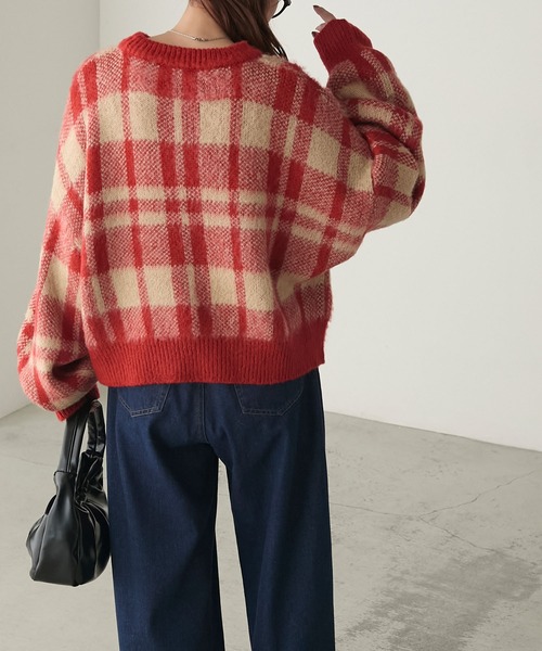 mideal チェックシャギーニットプルオーバー レッド mideal（マイディール）の「check shaggy knit pullover / チェック