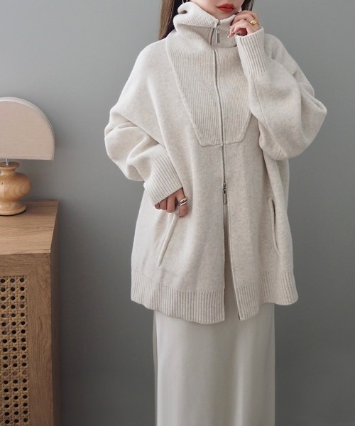 カーディガン 「追加」「洗える」ダブルニットフーディ レディース カーディガン double zip oversized knit hoodie top /ダブル