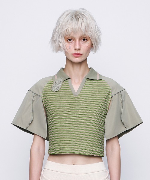 tシャツ 「エコバッグ付きセット」Futuristic Ribbed Collar Patchwork Polo Shirt レディース