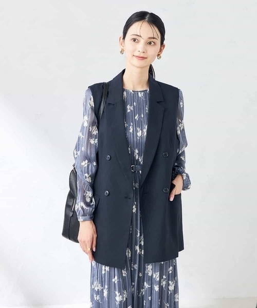 ベスト ジレ 「洗える/ストレッチ/UVカット」麻調ストレッチダブルジレ レディース