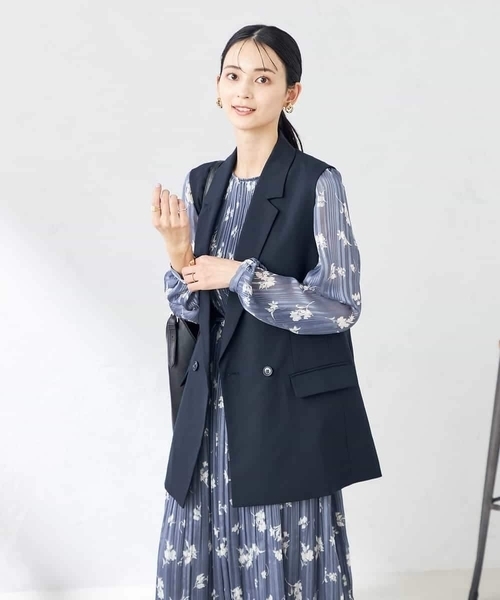 ベスト ジレ 「洗える/ストレッチ/UVカット」麻調ストレッチダブルジレ レディースの画像